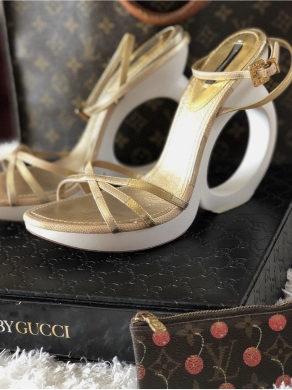 Louis Vuitton Feerique Gold Strappy Wedge Sandals with White Sculpted Hesls